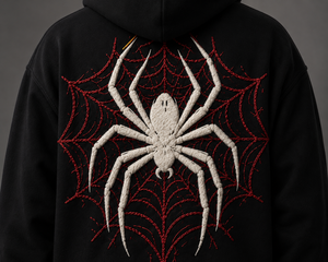 Sweat-shirt à capuche noir unique pour homme avec araignée blanche brodée et toile rouge au dos, coupe classique, décontracté, pour l'automne - Product Image 2