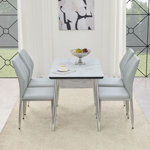 Set Tavolo e Sedie Bianco Effetto Marmo con Piano in Vetro, Base in MDF e Gambe Affusolate in Metallo Argento per Ristoranti, 4 Pezzi - Product Image 5