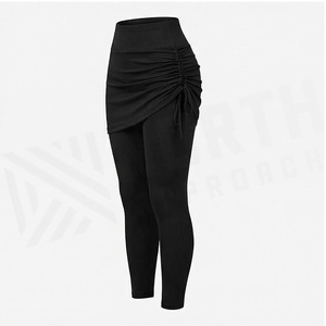 High Waist Ruched Yoga <b>Skirt</b> Set With Self-Tie Detail Solid Black Seamless Active Stretch Leggings For Women - Product Image 3
