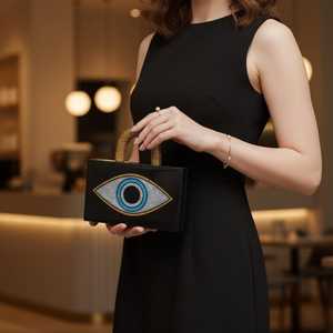 Pochette en résine œil porte-bonheur classique faite à la main : Sac de soirée noir et or pailleté, aspect résine, qualité supérieure, étanche, avec chaînes de perles - Product Image 6