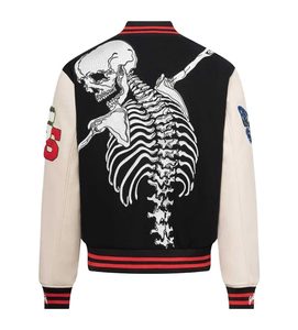 Men's Black Varsity <b>Jacket</b> With Skeleton Embroidery <b>Punk</b> Style Turn-down Collar Single Breasted Regular Fit - Product Image 2