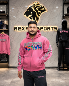 REXFITSPORTS 2026 Mens <b>Pink</b> Full Zip Graphic <b>Hoodie</b> 280–300 GSM Cotton Polyester Fleece Custom Streetwear Hooded Sweatshirt - Product Image 5