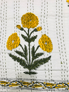 Hand Block Yellow Floral Kantha <b>Quilt</b> Eco-Friendly Cotton Classic Design All-Season Home Decor <b>Bedspread</b> Rajasthan - Product Image 4