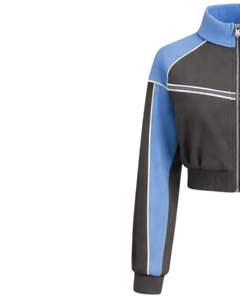 Chaqueta deportiva corta azul grisácea para mujer, con cremallera, para gimnasio, fitness, ropa deportiva, con rayas en contraste, proveedor OEM. - Product Image 4