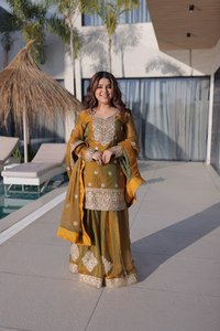 Stylish sharara set for women elegant ethnic wear faux georgette premium fabric embroidery <b>top</b> with matching plazzo and dupatta - Product Image 2