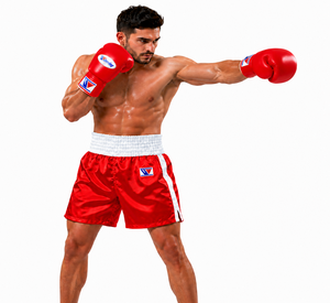 Shorts de boxe professionnels personnalisés, satin rouge, 100 % polyester, imprimés par transfert thermique, séchage rapide, vêtements d'arts martiaux - Product Image 6