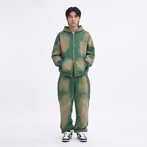 Ensemble jogging et sweat à capuche zippé vert tie-dye pour homme, survêtement streetwear brodé sur mesure - Product Image 1