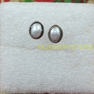Natural Mother of Pearl Stud Earrings 925 Sterling Silver Handmade Oval Cabochon Vintage Statement Jewelry Gift for Women <b>Wife</b> - Product Image 3