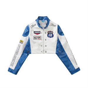 Chaqueta Nueva para Mujer, Blanca y Azul, Manga Larga, Cierre Frontal con Cremallera, Logotipo Estampado, Chaqueta Corta de Poliéster para Otoño - Product Image 1
