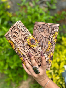 Cartera de cuero con herramientas de mano occidental, Cartera de girasol de cuero genuino, bolso de mano de piel de vaca auténtica, monedero de lujo para mujer occidental - Product Image 3