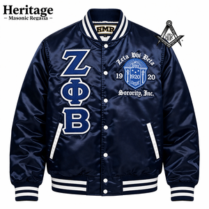 Chaqueta universitaria bomber de satén bordada Zeta Phi Beta disponible con cremalleras y botones, fabricada a medida por un fabricante griego de ropa. - Product Image 1