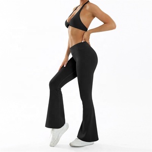 Women's Grey 2-Piece Yoga Set Halter Twist Sports Bra High Waist <b>Flare</b> <b>Leggings</b> Spandex Front Breathable Seamless Fitness - Product Image 5