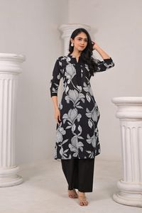 ชุดเซ็ตพิมพ์ลายดอกไม้ ชุดเซ็ตผ้าฝ้ายพิมพ์ลายดอกไม้สำหรับฤดูใบไม้ผลิและฤดูร้อน ชุดคุर्ตาพิมพ์ลายดอกไม้พร้อมกางเกงปาลาซโซ่ ชุดเซ็ตผ้าฝ้ายแท้ - Product Image 2