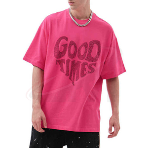 T-shirt rose oversize pour homme, manches courtes, en jersey de coton, col rond, imprimé graphique, motif lettres, style décontracté, logo avant en strass - Product Image 4