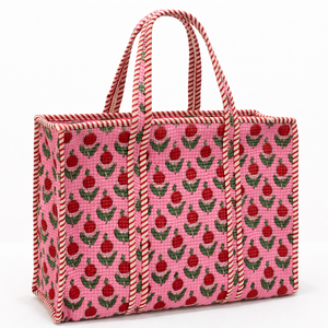 Bolso Tote de Algodón Acolchado con Palmeras Azules Marino Hecho a Mano, Bolso de Hombro Étnico con Motivo Tropical Premium, Bolso de Gran Capacidad para Mujer - Product Image 1