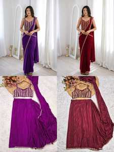 Sari indien élégant en soie crêpe violette, longueur ras du sol, séchage rapide, prêt-à-porter, avec chemisier, broderie dorée et travail de sequins - Product Image 3