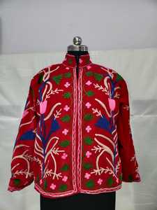 CHOHAN TEXTILE Red Embroidered Knitted Women's Quilted Jacket Ruffles Floral Pattern Stand Collar Zip-Up Coat 100% Cotton Ethnic - Product Image 6