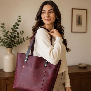 Sac fourre-tout en cuir véritable pour femme, style décontracté, bandoulière, ouverture supérieure, grande capacité, couleur violet foncé, usage quotidien - Product Image 6