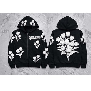 Top Quality Cotton Pullover Custom Puff Printing <b>Hoodie</b> Zip-Up <b>Black</b> <b>Hoodie</b> OEM Manufacturer White Tulip Flowers Design Hoodies - Product Image 1