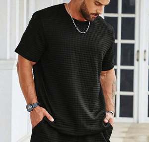 Ensemble 2 pièces pour homme, mode été, t-shirt décontracté à col rond respirant et short, couleur unie, tissage tricoté pour le sport et les loisirs - Product Image 5