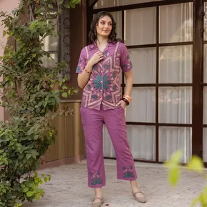 Women Purple Embroidered Co Ord Set Short Sleeve Collar Top Matching Pants Ethnic Floral Print Casual Stylish Summer Outfit - Product Image 4