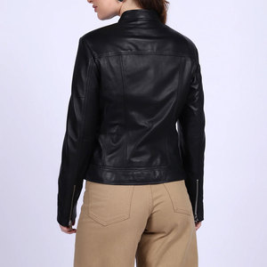 Women's High Quality Mid Length Leather Jacket Bomber for Autumn Winter Plain Dyed with Solid Pattern - Product Image 2