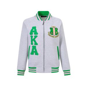AKA Heather Grey Fleece Letterman <b>Jacket</b> Green <b>Pink</b> Stripe Unisex Varsity Style Embroidered Crest Patch Casual Outerwear - Product Image 3