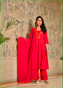 Magenta Applique Work Anarkali Cotton Kurta Dupatta Set - Product Image 2
