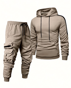 Men's Hooded Sweatshirt Set Casual Solid Color Cargo Pants 2-Piece Tracksuit Winter Wear Breathable 100% Cotton Fleece 380g - Product Image 1