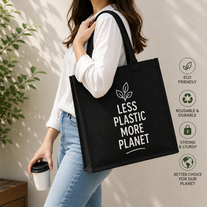 Less <b>Plastic</b> More Planet Jute <b>Tote</b> Bag Medium Size Zipper Closure Rope Handle Solid Groceries Use - Product Image 3