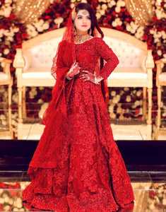 <b>Red</b> Embroidered Lace Ball Gown Wedding Dress Long Sleeve Sweetheart Neckline Floor Length Plus Size Hand Embroidery Beading - Product Image 3