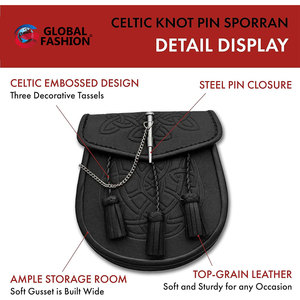 Sporran de Cuero Sintético Vegano con Nudo Celta, Cadena y Cinturón, Diseño de Borlas Negras, Pin de Acero Inoxidable, Perfecto para Kilts - Product Image 3