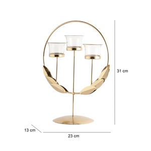 Candelabro Dorado Opulento de Hierro Hecho a Mano, Ecológico y Duradero, con Tres Portavelas de Vidrio y Diseño de Hojas para Decoración del Hogar - Product Image 3