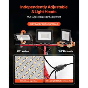 Lámpara de Trabajo LED con Soporte, 21000 Lúmenes, Tres Cabezas, Portátil, para Camping, Interruptor Individual, 10.83 pies de Alcance, para Aventuras al Aire Libre - Product Image 3