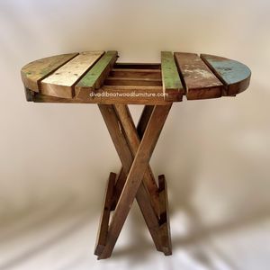 Table basse pliante ronde en bois de bateau recyclé, couleur naturelle, artisanale, compacte, pour l'intérieur et l'extérieur, export. - Product Image 3