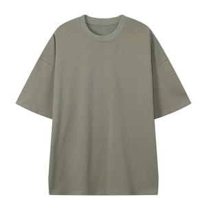 T-shirt en coton vert uni surdimensionné pour homme, manches courtes, col rond, streetwear décontracté, coupe classique, couleur unie, jersey tricoté - Product Image 3