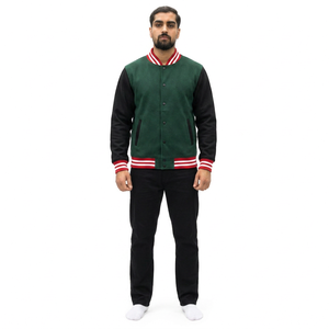 Veste universitaire homme verte et noire, coupe droite, col rabattu, boutonnée, décontractée, couleur unie, polyester et coton, pour l'automne - Product Image 1