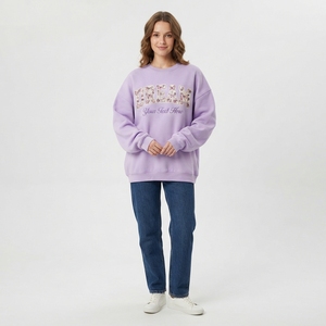 Sweat-shirt à col rond imprimé Grace Letter pour femme, en coton tricoté surdimensionné, vêtement d'automne, beige clair, manches longues - Product Image 4