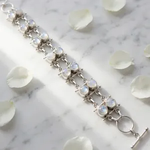 Pulsera de tenis de plata de ley 925 con piedra lunar arcoíris para mujer, joyería artesanal con gemas engastadas en bisel - Product Image 3