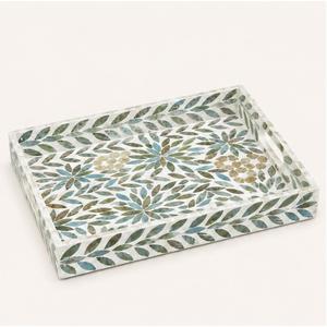 Plateau de service rectangulaire en bois laqué fait main avec incrustations de nacre et poignées, idéal pour table basse - Product Image 3