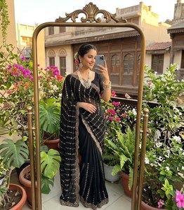 Very Soft nd Elegant Rich look fandy satin fabric with beautiful hand embroidery cutdana sequence work lehariya on border - Product Image 2