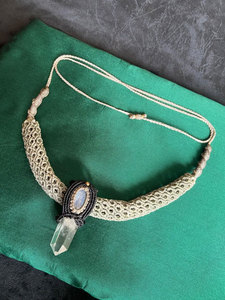 Handmade Macrame Moonstone & Quartz Crystal <b>Necklace</b> Boho Choker Gray Cord <b>Statement</b> Healing Gemstone Jewelry - Product Image 4