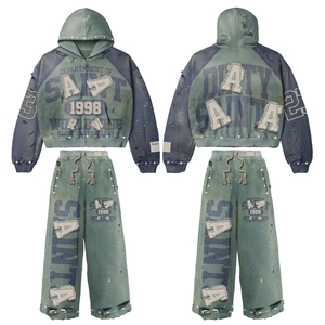 Custom <b>Vintage</b> Washed Solid <b>Tracksuit</b> Set Cropped Zip Hoodie Wide Leg Pants Rhinestone Streetwear Unisex 100% Cotton - Product Image 1
