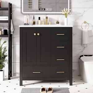 Mobile bagno freestanding da 30 pollici con 4 cassetti, telaio in legno massello e lavabo in resina - Combinazione mobiletto contenitore per bagno - Product Image 4