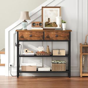 <b>Rustic</b> <b>Console</b> <b>Table</b> with 3 Drawers, Wood Top, Metal Frame & Open Storage Shelves for Entryway, Hallway, Living Room & Foyer - Product Image 6