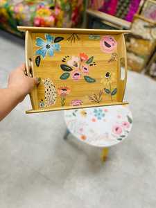 Handmade Floral Print Wood Serving Tray with Handles Rustic Decorative Rectangle Coffee Table Ottoman Tray for Home Decor by UO - Product Image 6