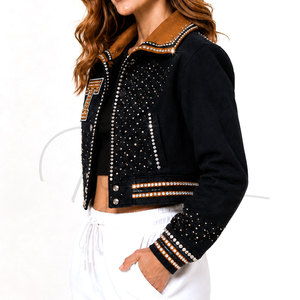 TELLUS APPAREL 2026 <b>Rhinestone</b> Cropped Varsity <b>Jacket</b> Winter New Design Lightweight Comfortable Wool Women's Best Selling - Product Image 5