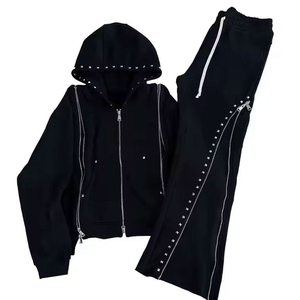 Ensemble de survêtement unisexe 100 % coton respirant et écologique, orné de strass, avec fermeture éclair, sweat à capuche à manches longues et pantalon évasé, deux pièces - Product Image 1