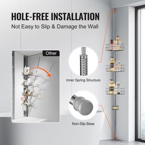 Étagère d'angle de douche multifonctionnelle 39'' (125 cm) avec barre de tension, forte capacité de charge, plateau résistant à la rouille pour salle de bain - Product Image 6