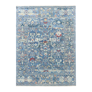 Tapis d'appoint en pure laine noué à la main - Tapis oriental floral bleu ivoire de luxe pour salon moderne - Product Image 2